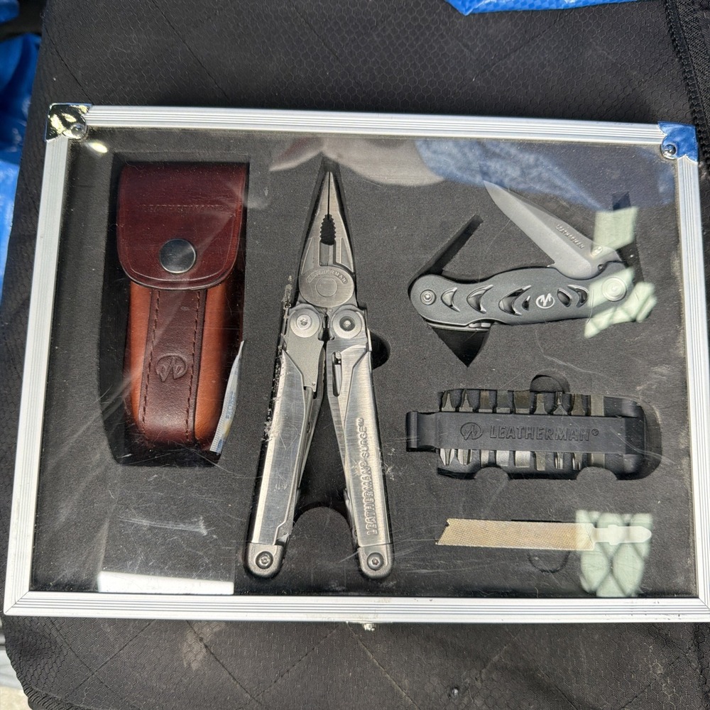 LM81 Leatherman Surge Stainless + C308 W/ file Sheath Bits In Metal & Glass Case